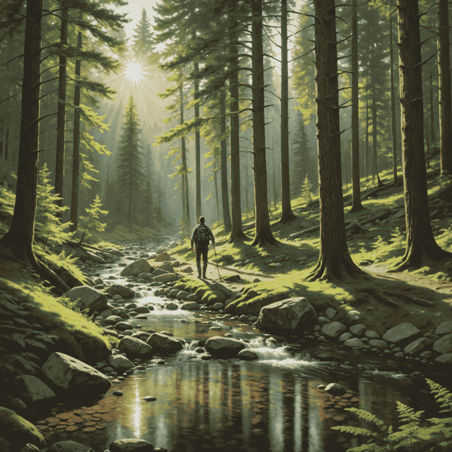 A serene forest scene with sunlight filtering through the trees, a person hiking on a trail, and a clear stream nearby, representing the healing power of nature
