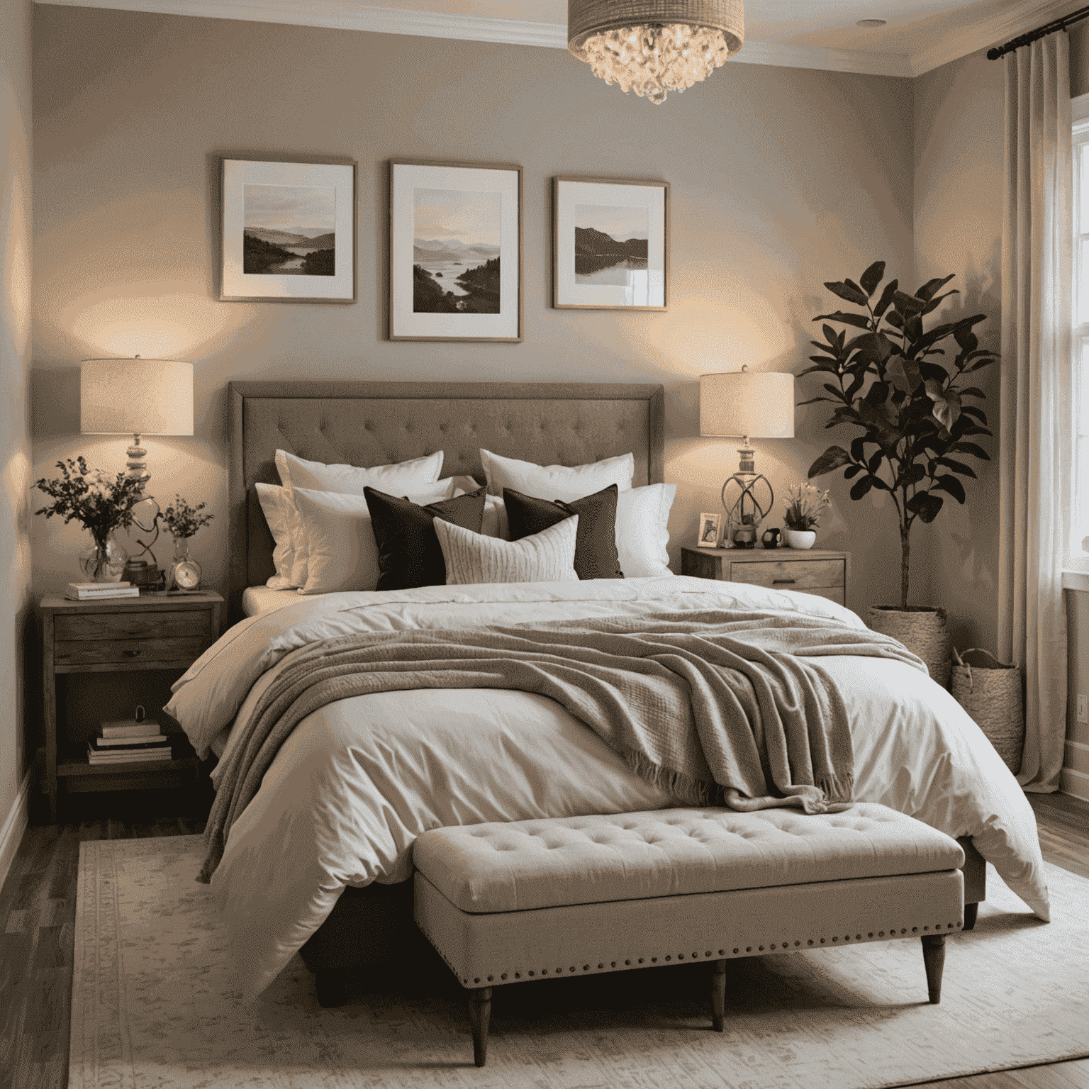 A peaceful bedroom with soft lighting, comfortable bedding, and calming decor, showcasing an ideal sleep environment