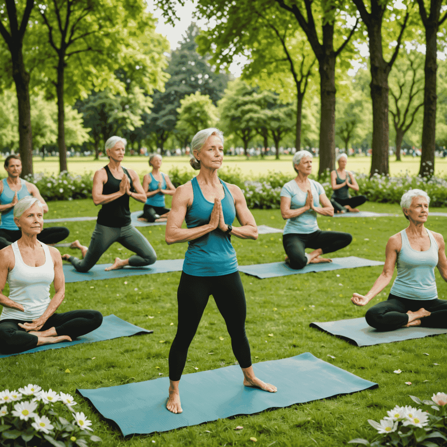 A group of people of various ages doing yoga in a lush green park, with trees and flowers in the background, showcasing outdoor exercise