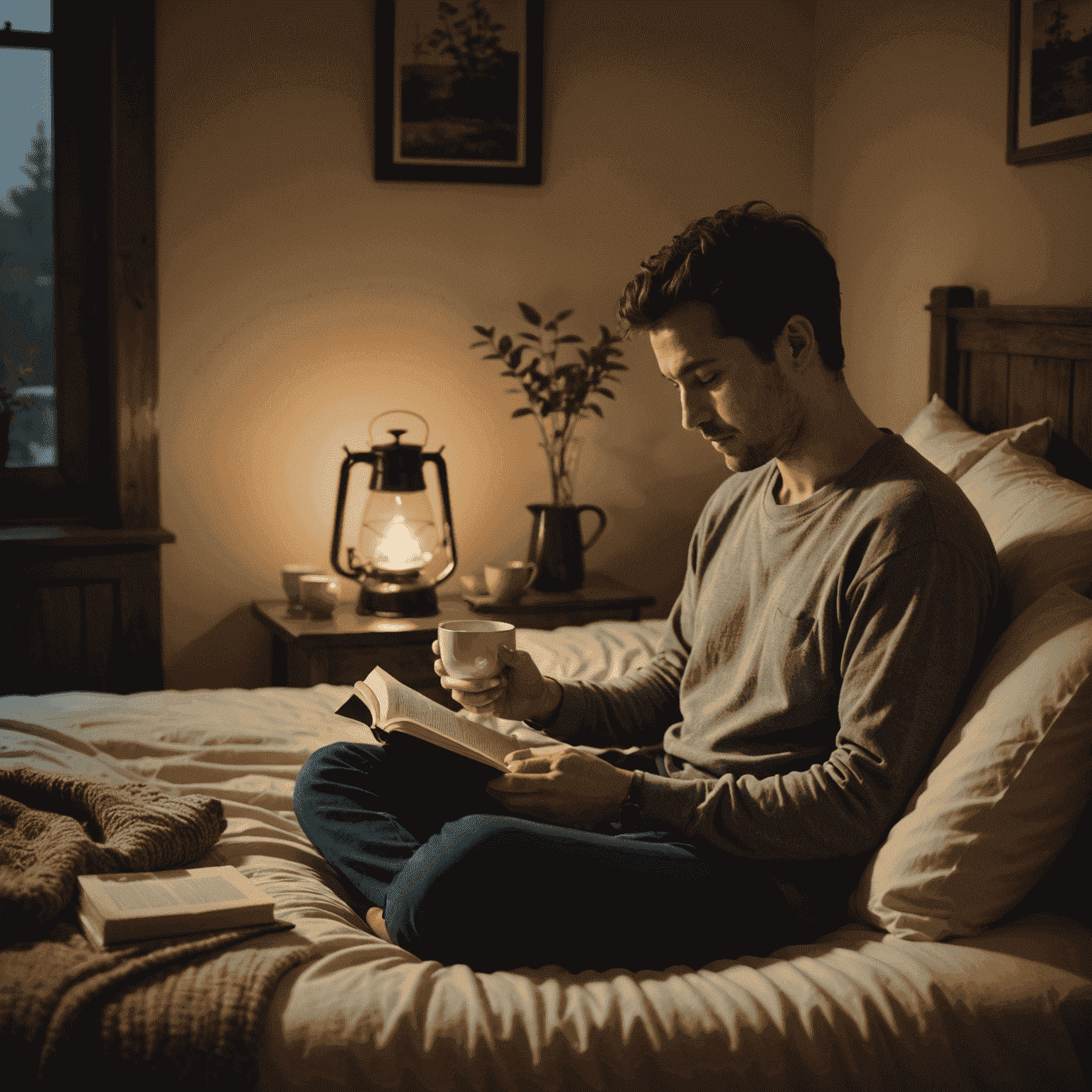 A person engaged in a relaxing bedtime routine, reading a book in a dimly lit room with a cup of herbal tea nearby