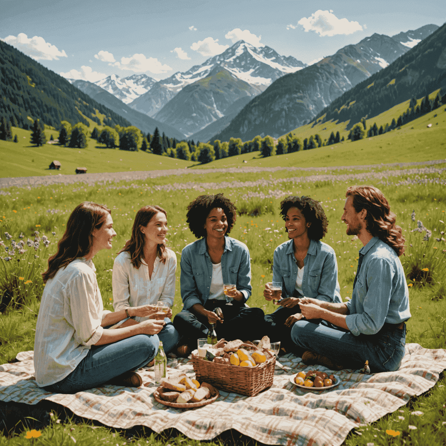 A diverse group of friends enjoying a picnic in a blooming meadow, with mountains in the background, illustrating social connections in nature