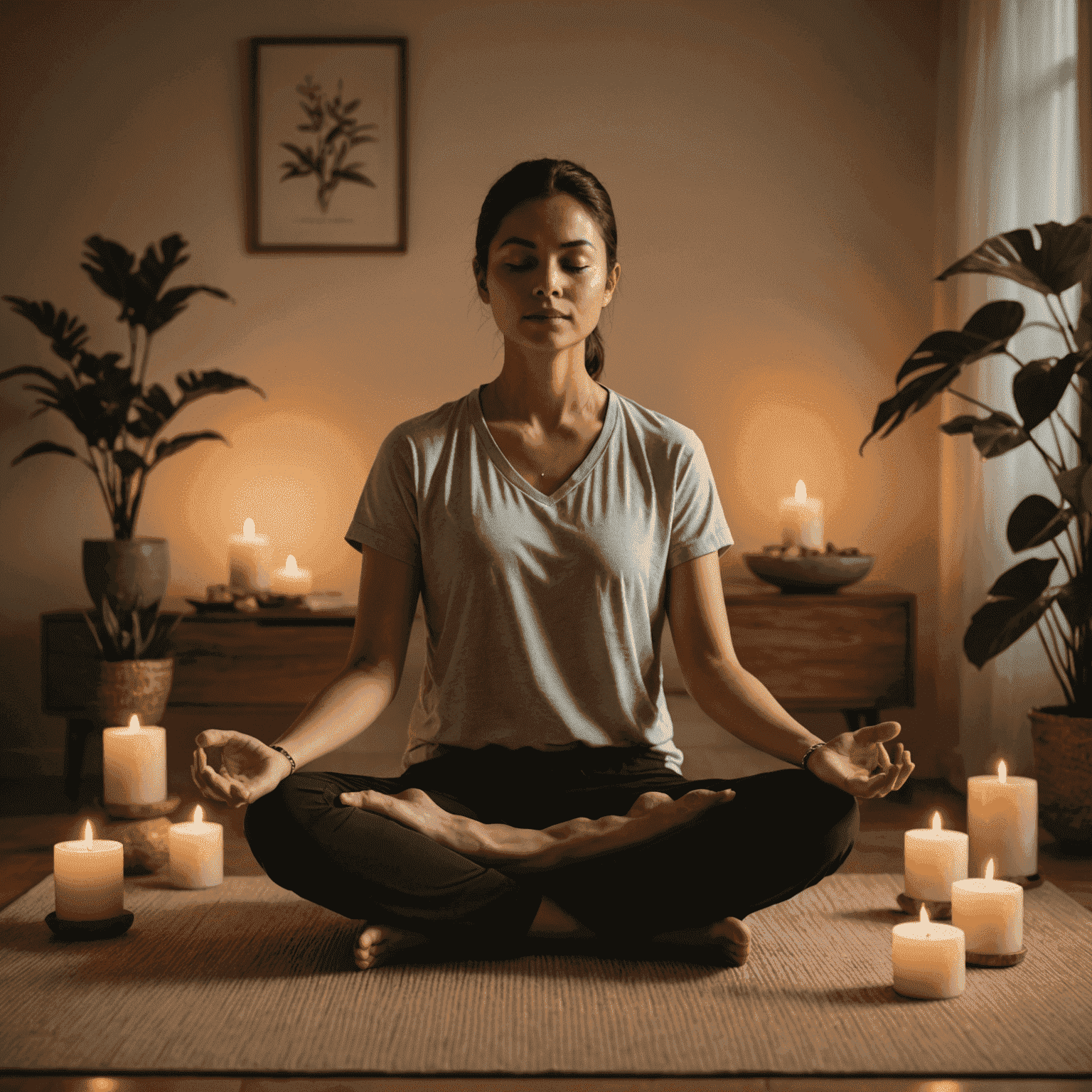 A person practicing meditation in a serene setting, surrounded by soft lighting and calming decor, demonstrating stress management techniques